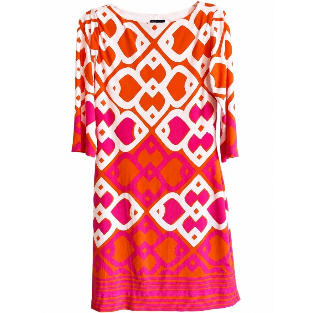 Just Taylor Dress Size 6 Pink Orange Geometric Mod Shift 3/4 Sleeve Stretch